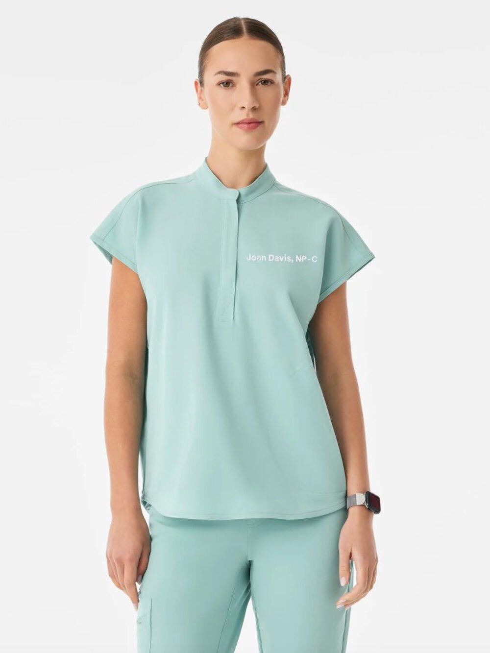 FIGS Rafaela Aqua Blue Mandarin Collar Scrub Top Cap Sleeve Size XS
